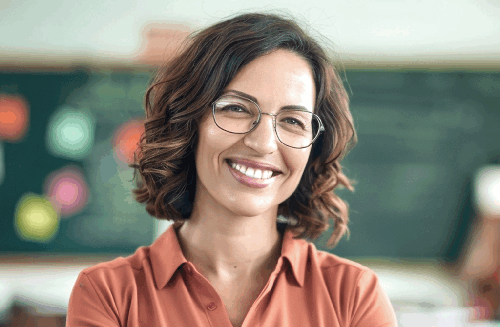 Woman with curly hair in classroom.